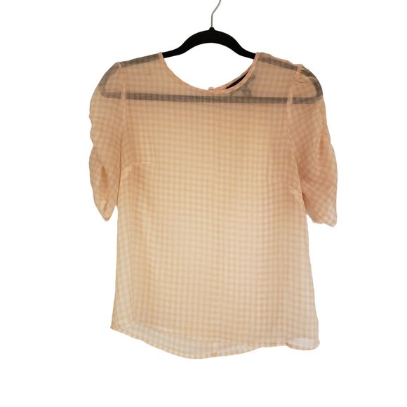 ModCloth blouse size Medium sheer checkered gathered half sleeve Peachy white - Picture 1 of 7